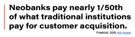 Neobanks pay nearly 1/50th pf what traditional institutions pay for customer acquisition.